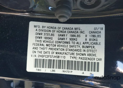 2018 Honda Civic Lx из США, поврежденный, VIN 2HGFC2F57JH581110